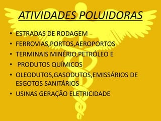 ATIVIDADES POLUIDORAS
• ESTRADAS DE RODAGEM
• FERROVIAS,PORTOS,AEROPORTOS
• TERMINAIS MINÉRIO,PETRÓLEO E
• PRODUTOS QUÍMICOS
• OLEODUTOS,GASODUTOS,EMISSÁRIOS DE
  ESGOTOS SANITÁRIOS
• USINAS GERAÇÃO ELETRICIDADE
 