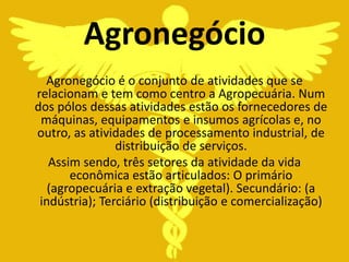 Agronegócio
  Agronegócio é o conjunto de atividades que se
relacionam e tem como centro a Agropecuária. Num
dos pólos dessas atividades estão os fornecedores de
 máquinas, equipamentos e insumos agrícolas e, no
outro, as atividades de processamento industrial, de
                distribuição de serviços.
   Assim sendo, três setores da atividade da vida
       econômica estão articulados: O primário
   (agropecuária e extração vegetal). Secundário: (a
 indústria); Terciário (distribuição e comercialização)
 