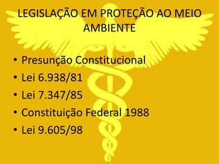 LEGISLAÇÃO EM PROTEÇÃO AO MEIO
               AMBIENTE

•   Presunção Constitucional
•   Lei 6.938/81
•   Lei 7.347/85
•   Constituição Federal 1988
•   Lei 9.605/98
 