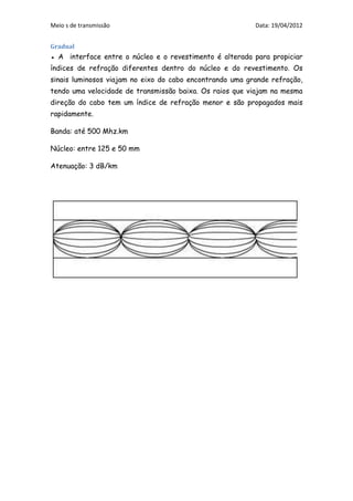 Meio s de transmissão                                     Data: 19/04/2012


Gradual
● A interface entre o núcleo e o revestimento é alterada para propiciar
índices de refração diferentes dentro do núcleo e do revestimento. Os
sinais luminosos viajam no eixo do cabo encontrando uma grande refração,
tendo uma velocidade de transmissão baixa. Os raios que viajam na mesma
direção do cabo tem um índice de refração menor e são propagados mais
rapidamente.

Banda: até 500 Mhz.km

Núcleo: entre 125 e 50 mm

Atenuação: 3 dB/km
 