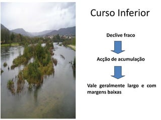 Curso Inferior
Declive fraco
Acção de acumulação
Vale geralmente largo e com
margens baixas.
 