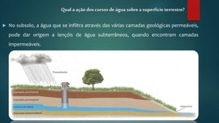  No subsolo, a água que se infiltra através das várias camadas geológicas permeáveis,
pode dar origem a lençóis de água subterrâneos, quando encontram camadas
impermeáveis.
Qual a ação doscursos deágua sobrea superfície terrestre?
 