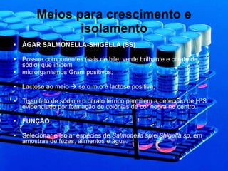 Meios para crescimento e isolamento ÁGAR SALMONELLA-SHIGELLA (SS) Possue componentes (sais de bile, verde brilhante e citrato de sódio) que inibem microrganismos Gram positivos; Lactose ao meio    se o m.o é lactose positiva; Tissulfato de sódio e o citrato férrico permitem a detecção de H²S evidenciado por formação de colônias de cor negra no centro. FUNÇÃO Selecionar e isolar espécies de  Salmonella sp  e  Shigella sp , em amostras de fezes, alimentos e água. 