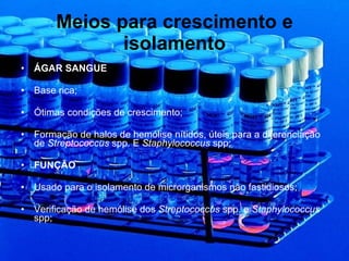 Meios para crescimento e isolamento ÁGAR SANGUE Base rica; Ótimas condições de crescimento; Formação de halos de hemólise nítidos, úteis para a diferenciação de  Streptococcus  spp. E  Staphylococcus  spp; FUNÇÃO Usado para o isolamento de microrganismos não fastidiosos; Verificação de hemólise dos  Streptococcus  spp. e  Staphylococcus  spp; 