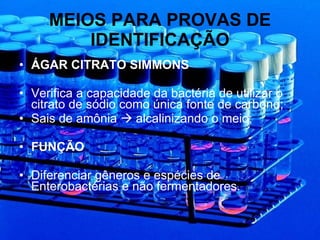 MEIOS PARA PROVAS DE IDENTIFICAÇÃO ÁGAR CITRATO SIMMONS Verifica a capacidade da bactéria de utilizar o citrato de sódio como única fonte de carbono; Sais de amônia    alcalinizando o meio; FUNÇÃO Diferenciar gêneros e espécies de  Enterobactérias e não fermentadores. 
