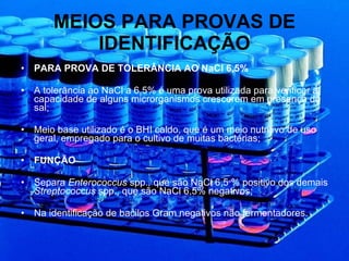 MEIOS PARA PROVAS DE IDENTIFICAÇÃO PARA PROVA DE TOLERÂNCIA AO NaCl 6,5% A tolerância ao NaCl a 6,5% é uma prova utilizada para verificar a capacidade de alguns microrganismos crescerem em presença do sal; Meio base utilizado é o BHI caldo, que é um meio nutritivo de uso geral, empregado para o cultivo de muitas bactérias;  FUNÇÃO Separa  Enterococcus  spp. ,  que são NaCl 6,5 % positivo dos demais  Streptococcus  spp., que são NaCl 6,5% negativos; Na identificação de bacilos Gram negativos não fermentadores. 