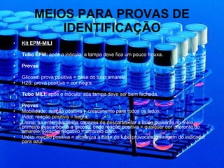 MEIOS PARA PROVAS DE IDENTIFICAÇÃO Kit EPM-MILI Tubo EPM:  após o inóculo, a tampa deve fica um pouco frouxa. Provas Glicose: prova positiva = base do tubo amarela; H2S: prova positiva = cor negra. Tubo MILI:  após o inóculo, sua tampa deve ser bem fechada. Provas Mobilidade: reação positiva = crescimento para todos os lados; Indol: reação positiva = negra; Lisina: as enterobactérias capazes de descarboxilar a lisina presente no meio, primeiro descarboxila a glicose, onde reação positiva = qualquer cor diferente do amarelo; Reação negativo = amarelo claro. Uréia: reação positiva = alcaliniza a base do tubo provocando viragem do indicador para azul. 