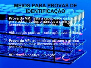 MEIOS PARA PROVAS DE IDENTIFICAÇÃO Prova do VM:  testa a capacidade da bactéria em produzir ácidos orgânicos a partir da fermentação da glicose. Leitura 48 – 72 horas. VM:  reação positiva = coloração avermelhada. Prova do VP:  as bactérias utilizam à glicose presente no meio liberando um produto que é a acetoína. VP:  reação positiva: turvação. 