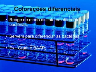Colorações diferenciais   Reage de modo distinto em diferentes bactérias; Servem para diferenciar as bactérias; Ex.: Gram e BAAR; 