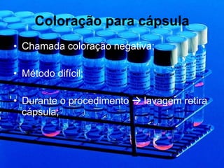 Coloração para cápsula Chamada coloração negativa; Método difícil; Durante o procedimento    lavagem retira cápsula; 