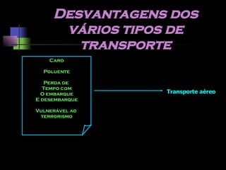 Desvantagens dos vários tipos de transporte Transporte aéreo Caro Poluente Perda de  Tempo com O embarque E desembarque Vulnerável ao  terrorismo 
