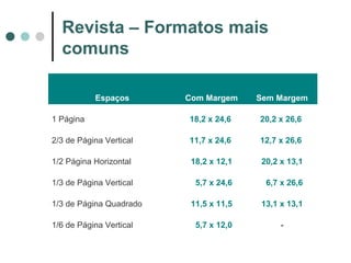 Revista – Formatos mais
comuns
Espaços

Com Margem

Sem Margem

1 Página

18,2 x 24,6

20,2 x 26,6

2/3 de Página Vertical

11,7 x 24,6

12,7 x 26,6

1/2 Página Horizontal

18,2 x 12,1

20,2 x 13,1

1/3 de Página Vertical

05,7 x 24,6

06,7 x 26,6

1/3 de Página Quadrado

11,5 x 11,5

13,1 x 13,1

1/6 de Página Vertical

05,7 x 12,0

-

 