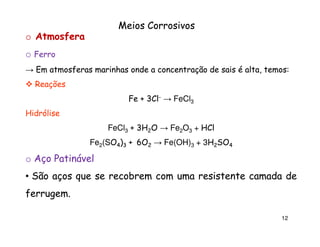 Meios Corrosivos
o Atmosfera
o Ferro
→ Em atmosferas marinhas onde a concentração de sais é alta, temos:
temos:
Reações
Fe + 3Cl- → FeCl3
Hidrólise
FeCl3 + 3H2O → Fe2O3 + HCl
Fe2(SO4)3 + 6O2 → Fe(OH)3 + 3H2SO4
(SO
3H

o Aço Patinável
• São aços que se recobrem com uma resistente camada de
ferrugem.
ferrugem.
12

 