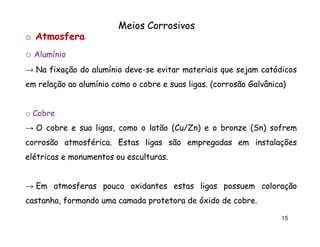 Meios Corrosivos
o Atmosfera
o Alumínio
→ Na fixação do alumínio deve-se evitar materiais que sejam catódicos
deveem relação ao alumínio como o cobre e suas ligas. (corrosão Galvânica)
ligas.

o Cobre
→ O cobre e sua ligas, como o latão (Cu/Zn) e o bronze (Sn) sofrem
corrosão atmosférica. Estas ligas são empregadas em instalações
atmosférica.
elétricas e monumentos ou esculturas.
esculturas.

→ Em atmosferas pouco oxidantes estas ligas possuem coloração
castanha, formando uma camada protetora de óxido de cobre.
cobre.
15

 