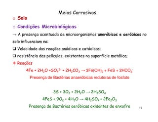 Meios Corrosivos
o Solo
o Condições Microbiológicas
→ A presença acentuada de microorganismos aneróbicos e aeróbicos no
solo influenciam na:
na:
Velocidade das reações anódicas e catódicas;
catódicas;
resistência das películas, existentes na superfície metálica;
metálica;
Reações
4Fe + 2H2O +SO42- + 2H2CO3 → 3Fe(OH)2 + FeS + 2HCO3Presença de Bactérias anaeróbicas redutoras de fosfato

3S + 3O2 + 2H2O → 2H2SO4
4FeS + 9O2 + 4H2O → 4H2SO4 + 2Fe2O3
Presença de Bactérias aeróbicas oxidantes de enxofre

19

 