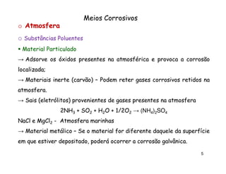 Meios Corrosivos
o Atmosfera
o Substâncias Poluentes
Material Particulado
→ Adsorve os óxidos presentes na atmosférica e provoca a corrosão
localizada;
localizada;
→ Materiais inerte (carvão) – Podem reter gases corrosivos retidos na
atmosfera.
atmosfera.
→ Sais (eletrólitos) provenientes de gases presentes na atmosfera
2NH3 + SO2 + H2O + 1/2O2 → (NH4)2SO4
NaCl e MgCl2 - Atmosfera marinhas
→ Material metálico – Se o material for diferente daquele da superfície
em que estiver depositado, poderá ocorrer a corrosão galvânica.
galvânica.
5

 