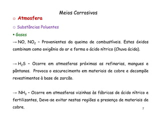 Meios Corrosivos
o Atmosfera
o Substâncias Poluentes
Gases
→ NO, NO2 – Provenientes da queima de combustíveis. Estes óxidos
combustíveis.
combinam como oxigênio do ar e forma o ácido nítrico (Chuva ácida).
ácida).

→ H2S – Ocorre em atmosferas próximas as refinarias, mangues e
pântanos.
pântanos. Provoca o escurecimento em materiais de cobre e decompõe
revestimentos à base de zarcão.
zarcão.

→ NH3 – Ocorre em atmosferas vizinhas às fábricas de ácido nítrico e
fertilizantes, Deve-se evitar nestas regiões a presença de materiais de
Devecobre.
cobre.

7

 