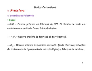 Meios Corrosivos
o Atmosfera
o Substâncias Poluentes
Gases
→ HCl – Ocorre próximo às fábricas de PVC. O cloreto de vinila em
PVC.
contato com a umidade forma ácido clorídrico.
clorídrico.

→ H2F2 – Ocorre próximo às fábricas de fertilizantes.
fertilizantes.
→ Cl2 – Ocorre próximo às fábricas de NaOH (soda cáustica), estações
de tratamento de água (controle microbiológico) e fábricas de celulose.
celulose.

8

 