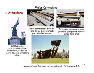 Meios Corrosivos
o Atmosfera

Tubos aparecendo a fibra de
vidro devido à deterioração
por radiações solares

Estruturas de concreto e aço
patinável já expostas durante
cerca de 10 anos

Estátua com a
característica pátina
esverdeada, de sais de
cobre, devida à atmosfera
salina.

Monumento aos Açorianos, em aço patinável – Porto Alegre, R.S.

9

 