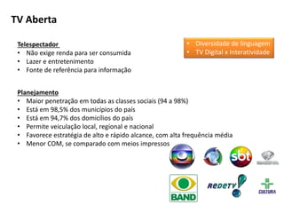 TV Aberta
Telespectador
• Não exige renda para ser consumida
• Lazer e entretenimento
• Fonte de referência para informação
Planejamento
• Maior penetração em todas as classes sociais (94 a 98%)
• Está em 98,5% dos municípios do país
• Está em 94,7% dos domicílios do país
• Permite veiculação local, regional e nacional
• Favorece estratégia de alto e rápido alcance, com alta frequência média
• Menor COM, se comparado com meios impressos
• Diversidade de linguagem
• TV Digital x Interatividade
 