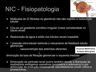 NIC - FisiopatologiaMoléculas do CI filtradas no glomérulo não são sujeitas a reabsorção tubular Cria-se um gradiente osmótico irregular (maior osmolaridade no túbulo renal)Reabsorção de água e sódio nos túbulos renais impedida↑ pressão intra-tubular estimula o mecanismo de feedback tubulo-glomerular:                   vasoconstrição das arteríolas aferentes                                             ↓diminuição da taxa de filtração glomerular e isquemia medularDiminuição da perfusão renal ocorre também devido à libertação de mediadores endógenos vasoativos (endotelina e adenosina) e por diminuição da produção intrarenal de vasodilatadores (óxido nítrico e prostaciclina). Acúmulo Metformina:Acidose lática grave