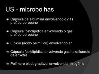 US - microbolhasCápsula de albumina envolvendo o gás prefluoropropanoCápsula fosfolipídica envolvendo o gás prefluoropropanoLípidio (ácido palmítico) envolvendo arCápsula fosfolipídica envolvendo gas hexafluoreto de enxofrePolímero biodegradável envolvendo nitrogênio