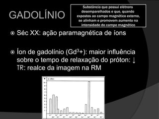 GADOLÍNIOSéc XX: ação paramagnética de íonsÍon de gadolínio (Gd3+): maior influência sobre o tempo de relaxação do próton: ↓ TR: realce da imagem na RM Substância que possui elétrons desemparelhados e que, quando expostos ao campo magnético externo, se alinham e promovem aumento na intensidade do campo magnético