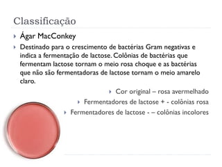 Classificação
 Ágar MacConkey
 Destinado para o crescimento de bactérias Gram negativas e
indica a fermentação de lactose. Colônias de bactérias que
fermentam lactose tornam o meio rosa choque e as bactérias
que não são fermentadoras de lactose tornam o meio amarelo
claro.
 Cor original – rosa avermelhado
 Fermentadores de lactose + - colônias rosa
 Fermentadores de lactose - – colônias incolores
 