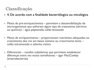 Classificação
 4. De acordo com a finalidade bacteriólogica ou micológica
 Meios de pré-enriquecimento – permitem a dessensibilização de
microrganismos que sofreram algum tipo de tratamento (térmico
ou químico) – água peptonada, caldo lactosado
 Meios de enriquecimento – proporcionam nutrientes adequados ao
crescimento dos mo em baixo número ou crescimento lento –
caldo tetrationado e selenito cistina
 Diferenciais – contêm substâncias que permitem estabelecer
diferenças entre mo muito semelhantes – ágar MacConkey
(enterobactérias)
 