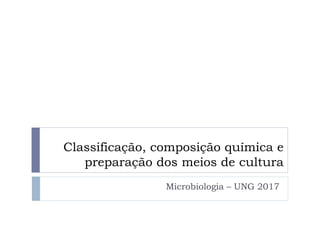 Classificação, composição química e
preparação dos meios de cultura
Microbiologia – UNG 2017
 