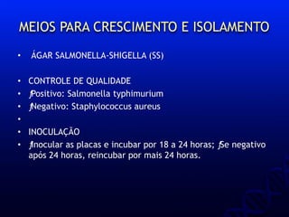 MEIOS PARA CRESCIMENTO E ISOLAMENTO
• ÁGAR SALMONELLA-SHIGELLA (SS)
• CONTROLE DE QUALIDADE
• ƒPositivo: Salmonella typhimurium
• ƒNegativo: Staphylococcus aureus
•
• INOCULAÇÃO
• ƒInocular as placas e incubar por 18 a 24 horas; ƒSe negativo
após 24 horas, reincubar por mais 24 horas.
 