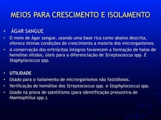 MEIOS PARA CRESCIMENTO E ISOLAMENTO
• ÁGAR SANGUE
• O meio de Ágar sangue, usando uma base rica como abaixo descrita,
oferece ótimas condições de crescimento a maioria dos microrganismos.
• A conservação dos eritrócitos íntegros favorecem a formação de halos de
hemólise nítidos, úteis para a diferenciação de Streptococcus spp. E
Staphylococcus spp.
• UTILIDADE
• Usado para o isolamento de microrganismos não fastidiosos.
• Verificação de hemólise dos Streptococcus spp. e Staphylococcus spp.
• Usado na prova de satelitismo (para identificação presuntiva de
Haemophilus spp.).
 