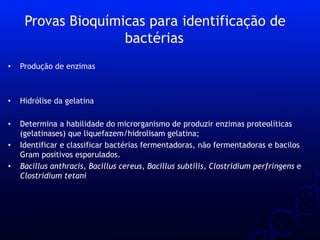• Produção de enzimas
• Hidrólise da gelatina
• Determina a habilidade do microrganismo de produzir enzimas proteolíticas
(gelatinases) que liquefazem/hidrolisam gelatina;
• Identificar e classificar bactérias fermentadoras, não fermentadoras e bacilos
Gram positivos esporulados.
• Bacillus anthracis, Bacillus cereus, Bacillus subtilis, Clostridium perfringens e
Clostridium tetani
Provas Bioquímicas para identificação de
bactérias
 