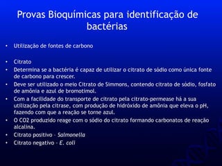 • Utilização de fontes de carbono
• Citrato
• Determina se a bactéria é capaz de utilizar o citrato de sódio como única fonte
de carbono para crescer.
• Deve ser utilizado o meio Citrato de Simmons, contendo citrato de sódio, fosfato
de amônia e azul de bromotimol.
• Com a facilidade do transporte de citrato pela citrato-permease há a sua
utilização pela citrase, com produção de hidróxido de amônia que eleva o pH,
fazendo com que a reação se torne azul.
• O CO2 produzido reage com o sódio do citrato formando carbonatos de reação
alcalina.
• Citrato positivo – Salmonella
• Citrato negativo – E. coli
Provas Bioquímicas para identificação de
bactérias
 