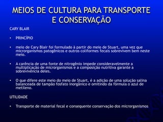 MEIOS DE CULTURA PARA TRANSPORTE
E CONSERVAÇÃO
CARY BLAIR
• PRINCÍPIO
• meio de Cary Blair foi formulado à partir do meio de Stuart, uma vez que
microrganismos patogênicos e outros coliformes fecais sobrevivem bem neste
meio.
• A carência de uma fonte de nitrogênio impede consideravelmente a
multiplicação de microrganismos e a composição nutritiva garante a
sobrevivência deles.
• O que difere este meio do meio de Stuart, é a adição de uma solução salina
balanceada de tampão fosfato inorgânico e omitindo da fórmula o azul de
metileno.
UTILIDADE
• Transporte de material fecal e consequente conservação dos microrganismos
 