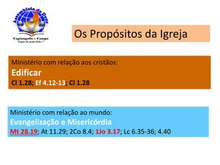 Os Propósitos da Igreja
Ministério com relação aos cristãos:
Edificar
Cl 1.28; Ef 4.12-13; Cl 1.28
Ministério com relação ao mundo:
Evangelização e Misericórdia
Mt 28.19; At 11.29; 2Co 8.4; 1Jo 3.17; Lc 6.35-36; 4.40
 