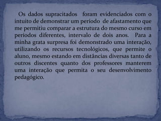 Os dados supracitados foram evidenciados com o
intuito de demonstrar um período de afastamento que
me permitiu comparar a estrutura do mesmo curso em
períodos diferentes, intervalo de dois anos. Para a
minha grata surpresa foi demonstrado uma interação,
utilizando os recursos tecnológicos, que permite o
aluno, mesmo estando em distâncias diversas tanto de
outros discentes quanto dos professores manterem
uma interação que permita o seu desenvolvimento
pedagógico.
 
