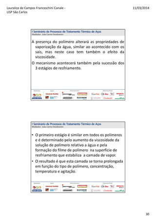 Lauralice de Campos Franceschini Canale -
USP São Carlos
11/03/2014
30
A presença do polímero alterará as propriedades de
vaporização da água, similar ao acontecido com os
sais, mas neste caso tem também o efeito da
viscosidade.
O mecanismo acontecerá também pela sucessão dos
3 estágios de resfriamento.
• O primeiro estágio é similar em todos os polímeros
e é determinado pelo aumento da viscosidade da
solução de polímero relativo a água e pela
formação do filme de polímero na superfície de
resfriamento que estabiliza a camada de vapor.
• O resultado é que esta camada se torna prolongada
em função do tipo de polímero, concentração,
temperatura e agitação.
 