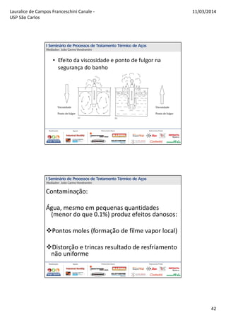 Lauralice de Campos Franceschini Canale -
USP São Carlos
11/03/2014
42
• Efeito da viscosidade e ponto de fulgor na
segurança do banho
Contaminação:
Água, mesmo em pequenas quantidades
(menor do que 0.1%) produz efeitos danosos:
Pontos moles (formação de filme vapor local)
Distorção e trincas resultado de resfriamento
não uniforme
 