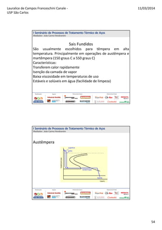 Lauralice de Campos Franceschini Canale -
USP São Carlos
11/03/2014
54
Sais Fundidos
São usualmente escolhidos para têmpera em alta
temperatura. Principalmente em operações de austêmpera e
martêmpera (150 graus C a 550 graus C)
Características:
Transferem calor rapidamente
Isenção da camada de vapor
Baixa viscosidade em temperaturas de uso
Estáveis e solúveis em água (facilidade de limpeza)
Austêmpera
 