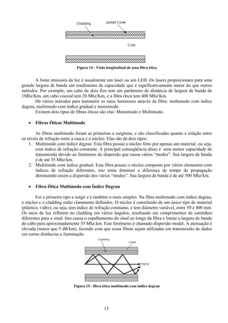 Figura 14 - Visão longitudinal de uma fibra ótica


       A fonte emissora da luz é usualmente um laser ou um LED. Os lasers proporcionam para uma
grande largura de banda um rendimento da capacidade que é significativamente maior do que outros
métodos. Por exemplo, um cabo de dois fios tem um parâmetro de distância de largura de banda de
1Mhz/Km, um cabo coaxial tem 20 Mhz/Km, e a fibra ótica tem 400 Mhz/Km.
       Há vários métodos para transmitir os raios luminosos através da fibra: multimodo com índice
degrau, multimodo com índice gradual e monomodo.
       Existem dois tipos de fibras óticas são elas: Monomodo e Multimodo.

   •   Fibras Óticas Multimodo

       As fibras multimodo foram as primeiras a surgirem, e são classificadas quanto a relação entre
os níveis de refração entre a casca e o núcleo. Elas são de dois tipos:
    1. Multimodo com índice degrau: Esta fibra possui o núcleo feito por apenas um material, ou seja,
       com índice de refração constante. A principal conseqüência disso é uma menor capacidade de
       transmissão devido ao fenômeno de dispersão que causa vários “modos”. Sua largura de banda
       é de até 35 Mhz/km.
    2. Multimodo com índice gradual: Esta fibra possui o núcleo composto por vários elementos com
       índices de refração diferentes, isto tenta diminuir a diferença de tempo de propagação
       diminuindo assim a dispersão dos vários “modos”. Sua largura de banda é de até 500 Mhz/km.

   •   Fibra Ótica Multimodo com Índice Degrau

        Foi o primeiro tipo a surgir e é também o mais simples. Na fibra multimodo com índice degrau,
o núcleo e o cladding estão claramente definidos. O núcleo é constituído de um único tipo de material
(plástico, vidro), ou seja, tem índice de refração constante, e tem diâmetro variável, entre 50 e 400 mm.
Os raios de luz refletem no cladding em vários ângulos, resultando em comprimentos de caminhos
diferentes para o sinal. Isto causa o espalhamento do sinal ao longo da fibra e limita a largura de banda
do cabo para aproximadamente 35 Mhz.km. Este fenômeno é chamado dispersão modal. A atenuação é
elevada (maior que 5 dB/km), fazendo com que essas fibras sejam utilizadas em transmissão de dados
em curtas distâncias e iluminação.




                            Figura 15 - fibra ótica multimodo com índice degrau




                                              13
 