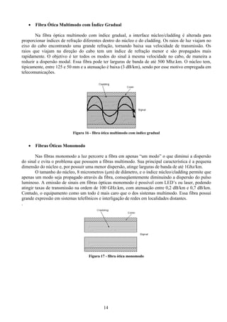 •   Fibra Ótica Multimodo com Índice Gradual

       Na fibra óptica multimodo com índice gradual, a interface núcleo/cladding é alterada para
proporcionar índices de refração diferentes dentro do núcleo e do cladding. Os raios de luz viajam no
eixo do cabo encontrando uma grande refração, tornando baixa sua velocidade de transmissão. Os
raios que viajam na direção do cabo tem um índice de refração menor e são propagados mais
rapidamente. O objetivo é ter todos os modos do sinal à mesma velocidade no cabo, de maneira a
reduzir a dispersão modal. Essa fibra pode ter larguras de banda de até 500 Mhz.km. O núcleo tem,
tipicamente, entre 125 e 50 mm e a atenuação é baixa (3 dB/km), sendo por esse motivo empregada em
telecomunicações.




                           Figura 16 - fibra ótica multimodo com índice gradual


   •   Fibras Óticas Monomodo

        Nas fibras monomodo a luz percorre a fibra em apenas “um modo” o que diminui a dispersão
do sinal e evita o problema que possuem a fibras multimodo. Sua principal característica é a pequena
dimensão do núcleo e, por possuir uma menor dispersão, atinge larguras de banda de até 1Ghz/km.
        O tamanho do núcleo, 8 micrometros (µm) de diâmetro, e o índice núcleo/cladding permite que
apenas um modo seja propagado através da fibra, conseqüentemente diminuindo a dispersão do pulso
luminoso. A emissão de sinais em fibras ópticas monomodo é possível com LED’s ou laser, podendo
atingir taxas de transmissão na ordem de 100 GHz.km, com atenuação entre 0,2 dB/km e 0,7 dB/km.
Contudo, o equipamento como um todo é mais caro que o dos sistemas multimodo. Essa fibra possui
grande expressão em sistemas telefônicos e interligação de redes em localidades distantes.
.




                                    Figura 17 - fibra ótica monomodo




                                             14
 