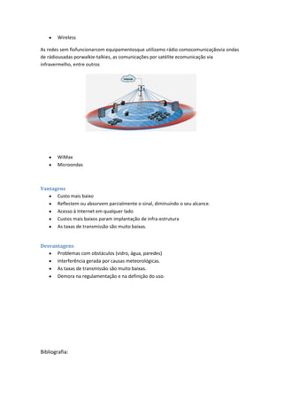 Wireless

As redes sem fiofuncionarcom equipamentosque utilizamo rádio comocomunicaçãovia ondas
de rádiousadas porwalkie-talkies, as comunicações por satélite ecomunicação via
infravermelho, entre outros




        WiMax
        Microondas



Vantagens
      Custo mais baixo
      Reflectem ou absorvem parcialmente o sinal, diminuindo o seu alcance.
      Acesso à Internet em qualquer lado
      Custos mais baixos param implantação de infra-estrutura
      As taxas de transmissão são muito baixas.


Desvantagens
      Problemas com obstáculos (vidro, água, paredes)
      Interferência gerada por causas meteorológicas.
      As taxas de transmissão são muito baixas.
      Demora na regulamentação e na definição do uso.




Bibliografia:
 