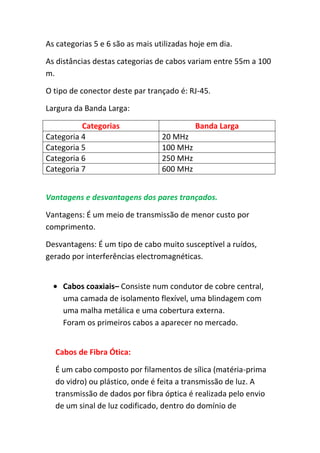 As categorias 5 e 6 são as mais utilizadas hoje em dia.

As distâncias destas categorias de cabos variam entre 55m a 100
m.

O tipo de conector deste par trançado é: RJ-45.

Largura da Banda Larga:

          Categorias                        Banda Larga
Categoria 4                       20 MHz
Categoria 5                       100 MHz
Categoria 6                       250 MHz
Categoria 7                       600 MHz


Vantagens e desvantagens dos pares trançados.

Vantagens: É um meio de transmissão de menor custo por
comprimento.

Desvantagens: É um tipo de cabo muito susceptível a ruídos,
gerado por interferências electromagnéticas.


     Cabos coaxiais– Consiste num condutor de cobre central,
     uma camada de isolamento flexível, uma blindagem com
     uma malha metálica e uma cobertura externa.
     Foram os primeiros cabos a aparecer no mercado.


  Cabos de Fibra Ótica:

  É um cabo composto por filamentos de sílica (matéria-prima
  do vidro) ou plástico, onde é feita a transmissão de luz. A
  transmissão de dados por fibra óptica é realizada pelo envio
  de um sinal de luz codificado, dentro do domínio de
 