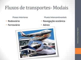 Fluxos de transportes- Modais
• Rodoviário
• Ferroviário

Fluxos Intercontinentais

• Navegação oceânica
• Aéreo
Elaborado por Rodrigo Baglini

Fluxos Interiores

 