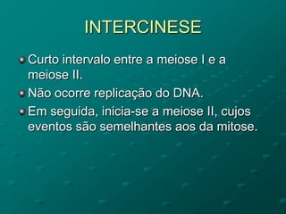 INTERCINESE
Curto intervalo entre a meiose I e a
meiose II.
Não ocorre replicação do DNA.
Em seguida, inicia-se a meiose II, cujos
eventos são semelhantes aos da mitose.
 