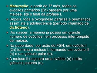 Maturação: a partir do 7º mês, todos os
ovócitos primários (2n) passam por uma
meiose, até o final da prófase I.
Depois, toda a ovogênese paralisa e permanece
assim até a adolescência (período chamado de
dictióteno).
Ao nascer, a menina já possui um grande
número de ovócitos I em processo interrompido
de meiose.
Na puberdade, por ação do FSH, um ovócito I
(2n) termina a meiose I, formando um ovócito II
(n) e um glóbulo polar (n).
A meiose II originará uma ovótide (n) e três
glóbulos polares (n).
 