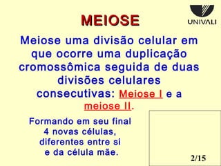 2/15 
MMEEIIOOSSEE 
Meiose uma divisão celular em 
que ocorre uma duplicação 
cromossômica seguida de duas 
divisões celulares 
consecutivas: Meiose I e a 
meiose II. 
Formando em seu final 
4 novas células, 
diferentes entre si 
e da célula mãe. 
 