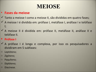 MEIOSE
• Fases da meiose
 Tanto a meiose I como a meiose II, são divididas em quatro fases;
 A meiose I é dividida em: prófase I, metáfase I, anáfase I e telófase
I;
 A meiose II é dividida em: prófase II, metáfase II, anáfase II e
telófase II.
 Prófase I
 A prófase I é longa e complexa, por isso os pesquisadores a
dividiram em 5 subfases:
o Leptóteno;
o Zigóteno;
o Paquíteno;
o Diplóteno;
o Diacinese.
 