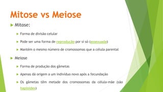 Mitose vs Meiose
 Mitose:
 Forma de divisão celular
 Pode ser uma forma de reprodução por si só (assexuada)
 Mantém o mesmo número de cromossomas que a célula parental
 Meiose
 Forma de produção dos gâmetas
 Apenas dá origem a um indivíduo novo após a fecundação
 Os gâmetas têm metade dos cromossomas da célula-mãe (são
haploides)
 